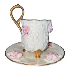 Vintage Porcelain Demitasse Cup Saucer Pink Roses Gold Gilt Footed
