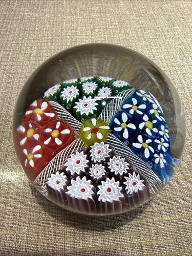 Vintage Millefiori Art Glass Paperweight Floral Murano Style Multicolor 3” Heavy