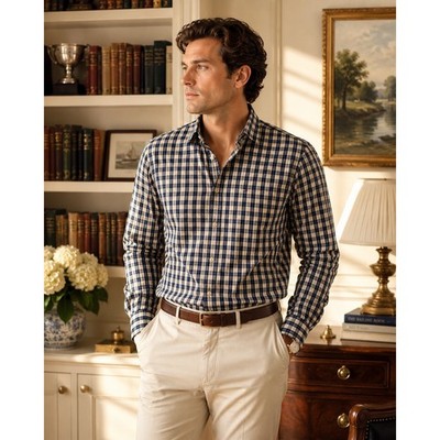 Tommy Hilfiger Heritage Poplin Blue Tan Plaid Button Down Shirt XL 100% Cotton
