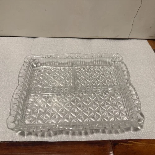 1930s Vintage Depression Glass Scalloped Edge Relish Tray Diamond Pattern