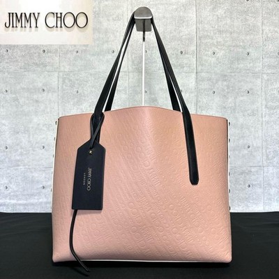 JIMMY CHOO Twist East West Logo Emboss Leather Tote Bag Women Coral Pink White