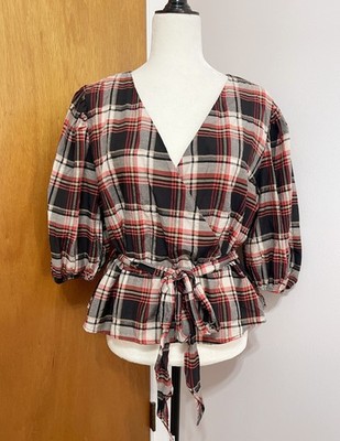 H&M Women's Multicolor Plaid Top Blouse V-Neck Puff Sleeve Size US 14