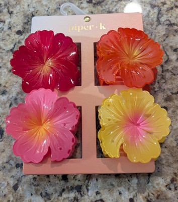 Piper K 4 PC Womens 3'' Hair Clips Clawclip Hibiscus Floral Pink Red Yellow Orge