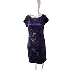 Eliza J Womens 8 Purple Velvet Sequin Cap Sleeve Sheath Dress Knee Length