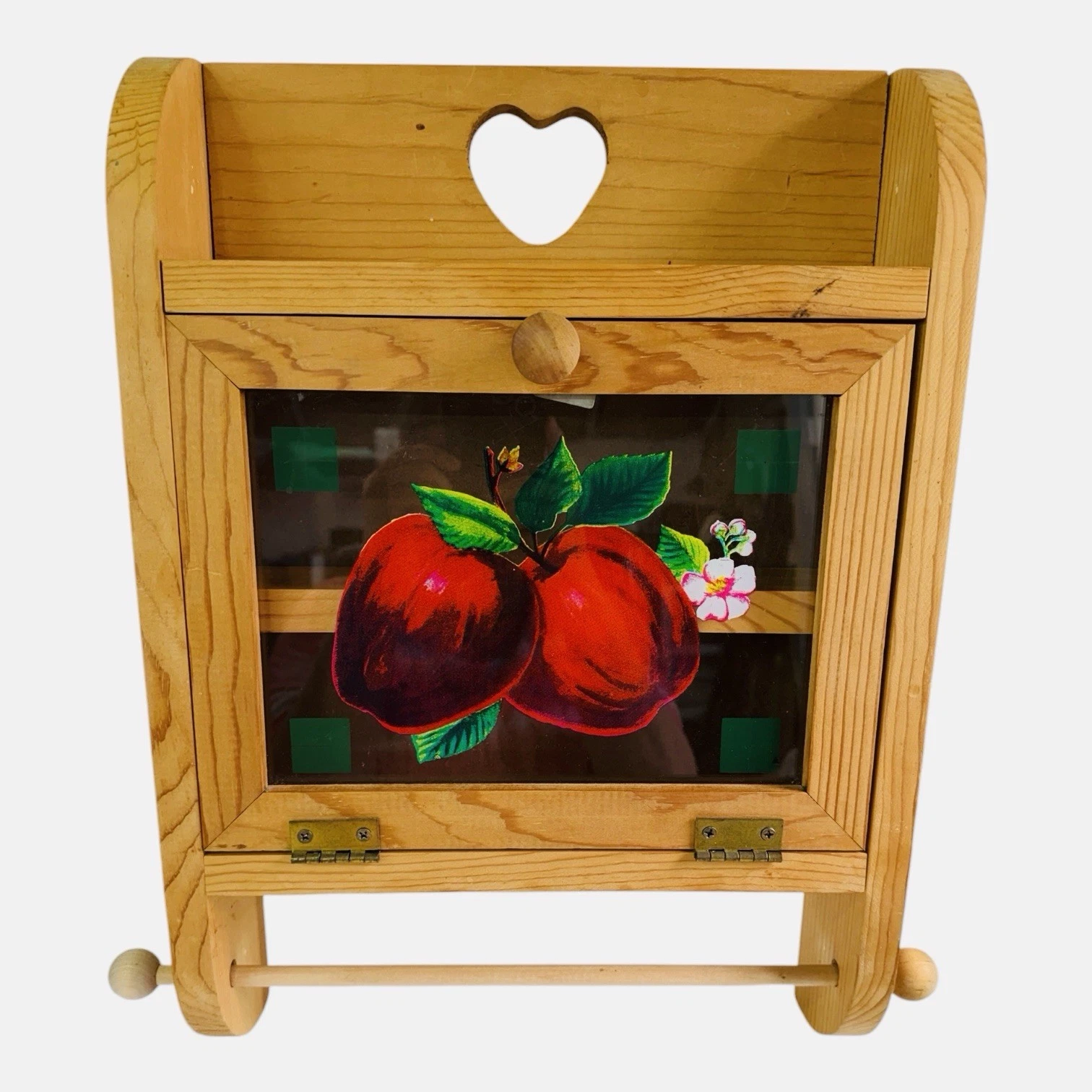 VTG 3 Shelf Apples Heart Wood Towel Rack Glass Door Wall Mount Grandma Core