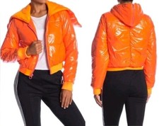 adidas X Stella McCartney Originals Puffer Jacket L Orange Pink Zip Hood Cropped