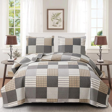Brown Black Plaid Bedding Sets, 3 Pcs Queen Size Quilt Bedspread Checked Patchwo