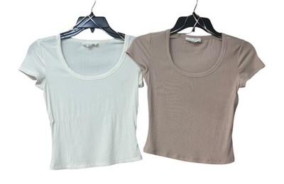 Gypsy+Jade  Set of 2 Women's Ribbed Cropped Modal T-Shirts, White/Beige, Sz. XS