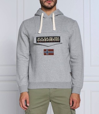 Napapijri Burgee Hoodie Grey Pullover Logo Patch Chest Pocket Scandinavian Style