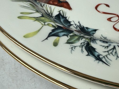 Lenox Winter Greetings 8-1/4” Salad Plate x2 Bone China Bird Holly Cardinal Pine - Picture 3 of 11