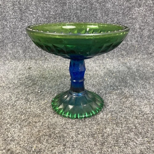 Vintage Jeannette Glass Compote Blue Green Ombre Footed Pedestal Candy Dish EUC