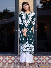 Bottle Green Sanaya Modal Chikankari Straight Kurti Lucknow Chikankari Handmade