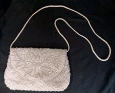 Vintage White Satin Cream Beaded Lotus Flower Handbag Purse Clutch Handmade READ