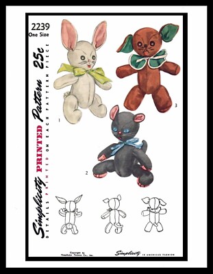 ~3~ Simplicity #2239 Stuffed Animal Sets TOY Fabric Pattern Cat Kitty Rabbit Dog