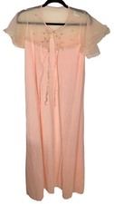 Vintage Montgomery Ward Peignoir Robe Sheer Nylon Peach Lace Open 10-12