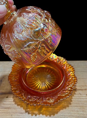 Stunning Antique Imperial Glass Open Rose In Marigold Butter Dome Dish - Picture 2 of 17