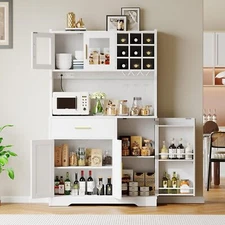 HOOBRO Kitchen Pantry Cabinet Farmhouse Pantry Cabinet with Microwave Stand