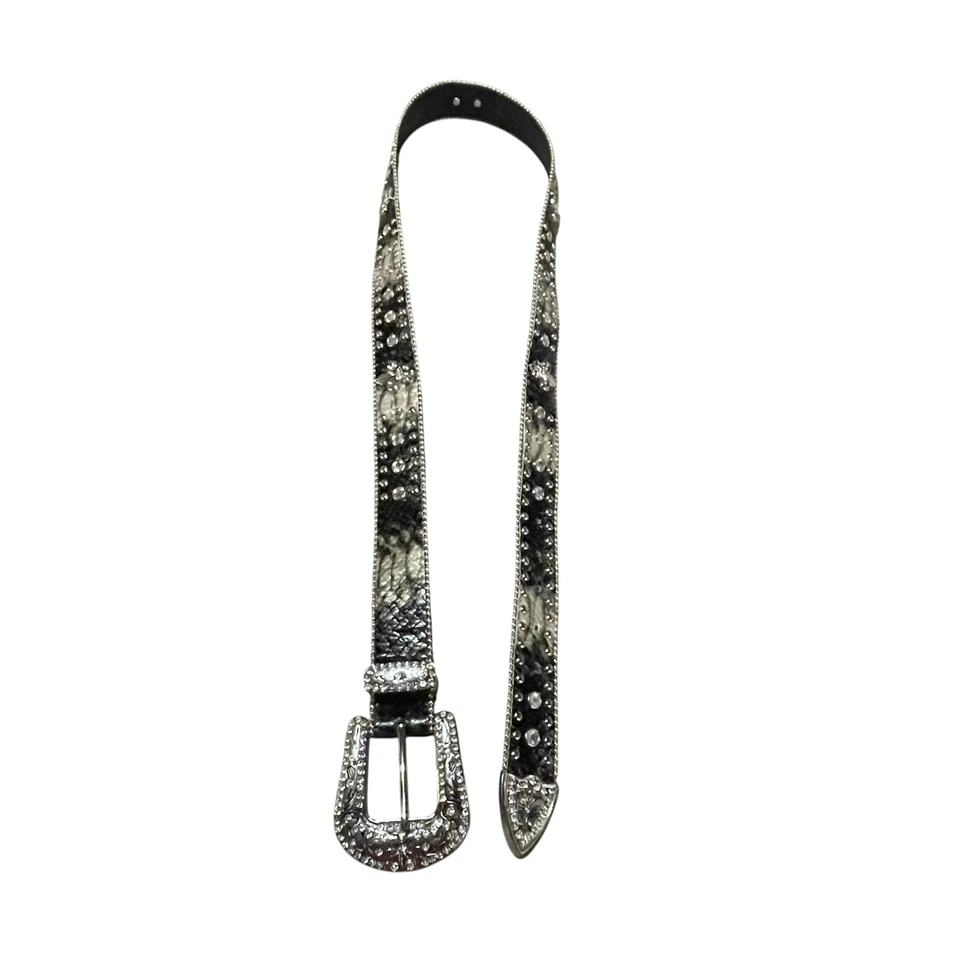 Rhinestone Studded Belt Women 2X Black Silver Fleur de Lis Faux Snake Cowgirl - Image 2 of 4