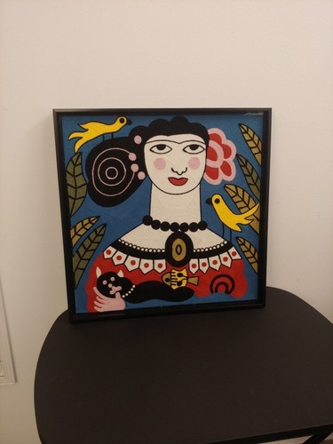 Frida Kahlo inspired Fiber Knit Wall Art Hispanic Chain Stitch crewel 18.5” - Picture 3 of 7