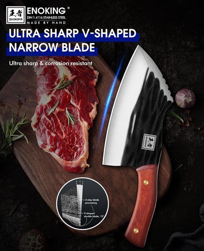 ENOKING Meat Cleaver Hand Forged Ultra Sharp Butcher Knife with Leather Sheath - Picture 3 of 6