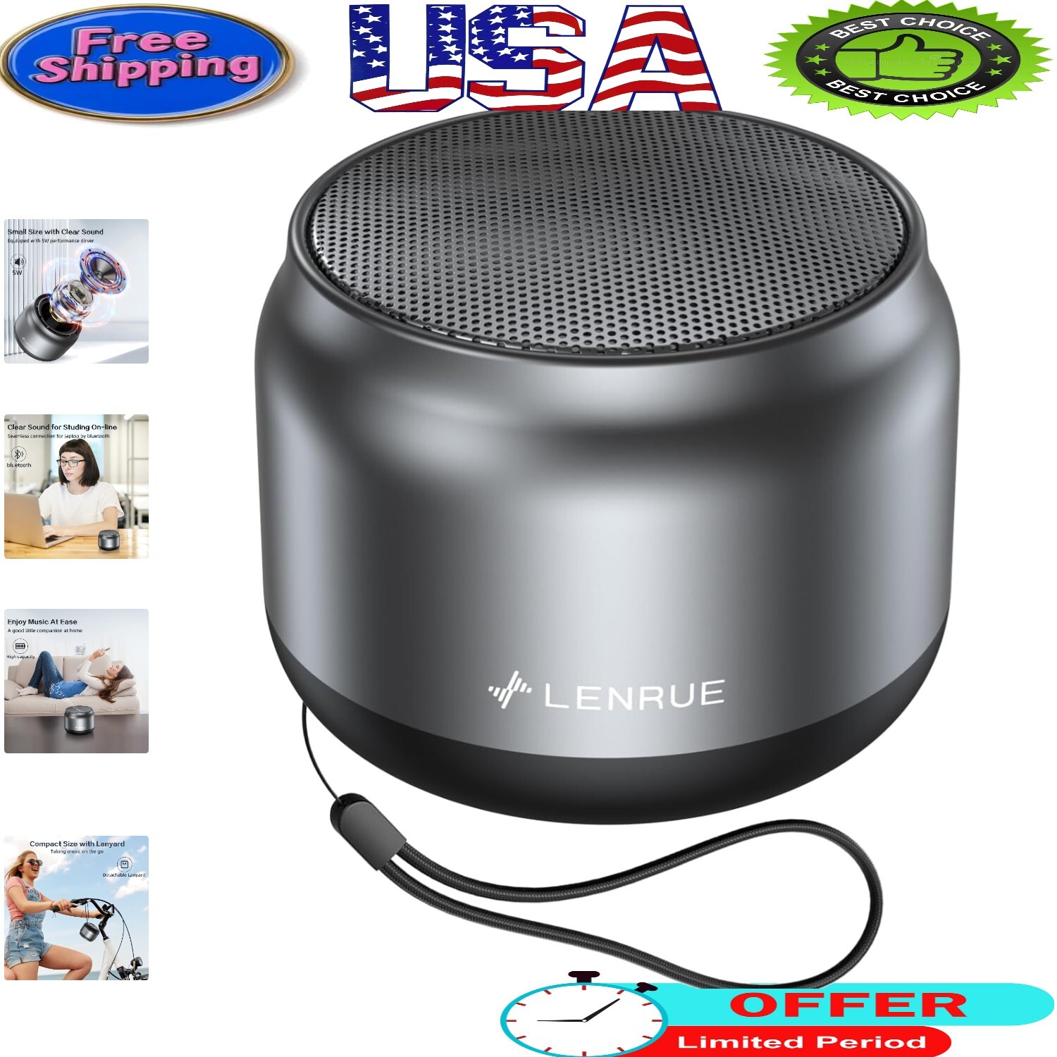 Portable Bluetooth Speaker with 5W Sound, 15H Playback - Waterproof & Compact