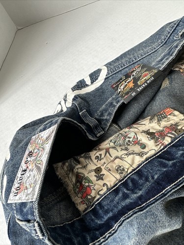 Men’s Size 38 Ed Hardy Denim Jeans New York City Eagle Skull Patch Distressed - Picture 10 of 12