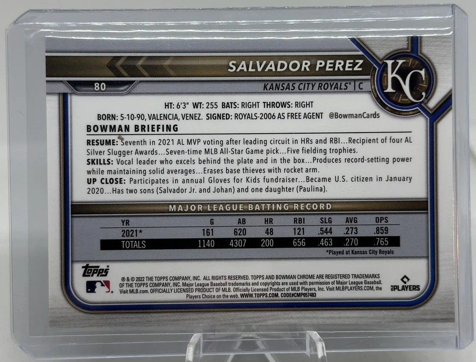 2022 Bowman Chrome Sapphire #80 Salvador Perez Aqua /99 Royals - Image 2 of 2
