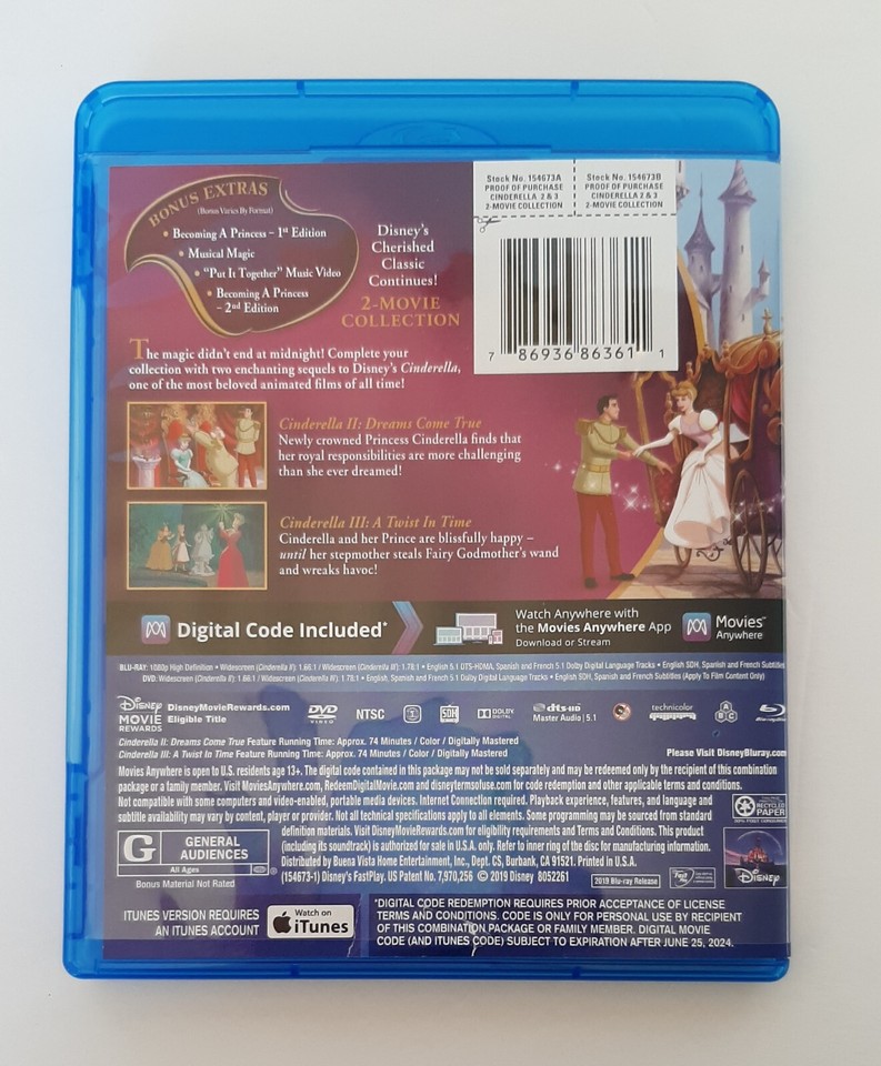 Disney Cinderella II & III 2 Movie Collection Blu Ray DVD Movie Club