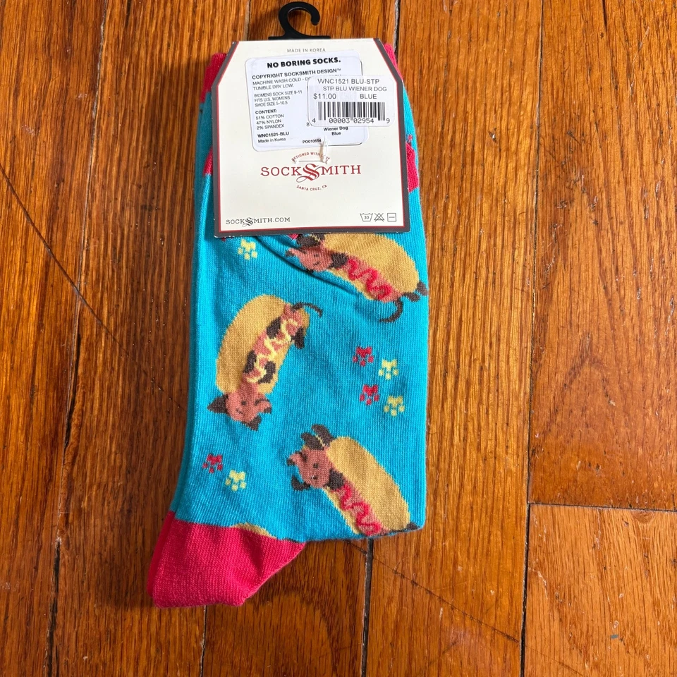 Calcetines SockSmith para mujer gráficos de algodón Hot Dog Wiener perro talla única azul rojo Foto 2 de 3