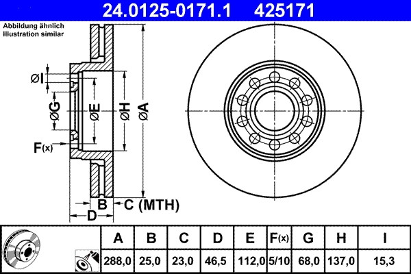 Paire de Disques ATE 24.0125-0171.1 SKODA 4B0 615 301 B finition premium fonte grise haute teneur