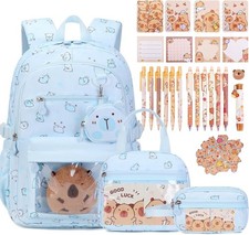 Capybara Theme Backpack for School Girls, Backpack with Stationery Set Blue