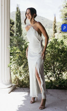 Petal Pup Patricia Maxi Dress Sage Halter Ruffle Slit Wedding Guest XS