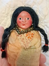 Vintage Skookum-Style Native American Doll, Celluloid Head, Wool Blanket, 1930s