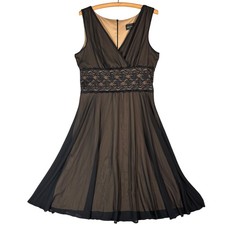 Connected Apparel Black Lace Inset Mesh Overlay V-Neck Fit & Flare Dress Size 16