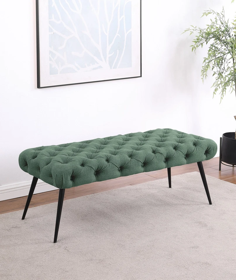 Coaster Ella 18" Fabric Upholstered Tufted Bench with Metal Legs in Teal Green - Image 2 of 4