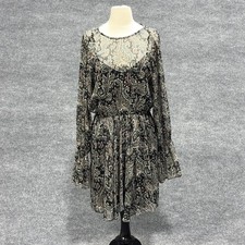 Joie Dress Womens Medium Black Paisley Sheer Long Sleeve Keyhole Boho Mini