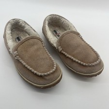 Minnetonka Suede Moccasins Slip On Rubber Sole Faux Fur Inside Womens Sz 9M Tan