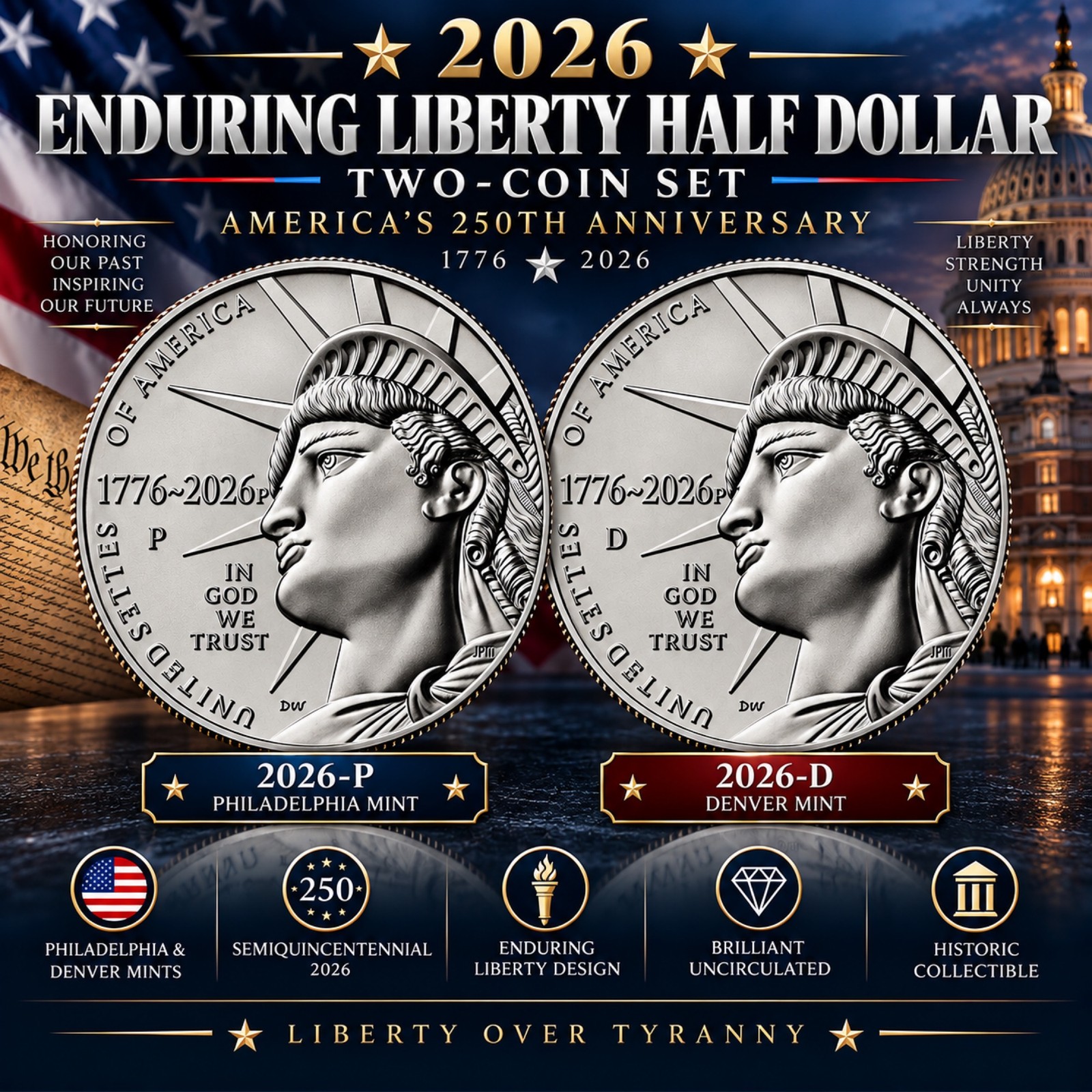 2026 Enduring Liberty Half Dollar 2-Coin Set - 250th Anniversary Commemorative