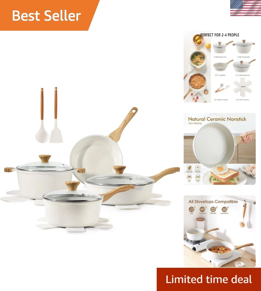 Nonstick Ceramic Cookware Set 13-Piece, Healthy Pots and Pans Set, Non-toxic ...