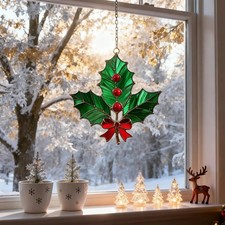 Stained Glass Holly Leaf Ornament, Christmas Window Hanging Suncatcher 8inch
