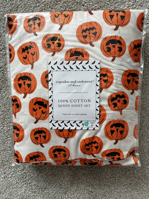 Cupcakes & Cashmere Halloween Pumpkin Queen Sheet Set Cotton Jack-o-Lantern NEW