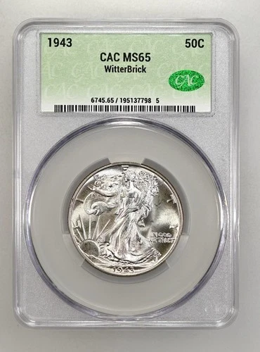 1943 Walking Liberty Half Dollar CACG Witterbrick MS 65 CAC White!