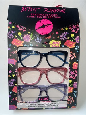 3 Pair Betsey Johnson Readers NEW! Reading Glasses Navy Rose Lilac +2.00 free 