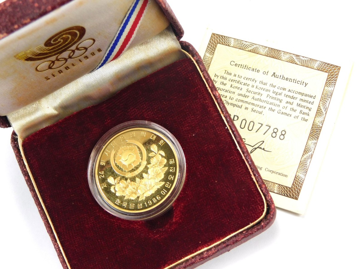記念小銀盃 1986 South Korea 25000 Won 1/2 oz Gold Proof Seoul Olympic Games