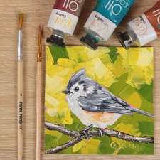 Tufted Titmouse Painting Original Tiny Bird Oil Painting 4x4" Impasto Handmade