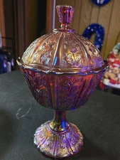 Fenton Amethyst Carnival Glass Paneled Daisy Lidded Pedestal Compote Candy Dish