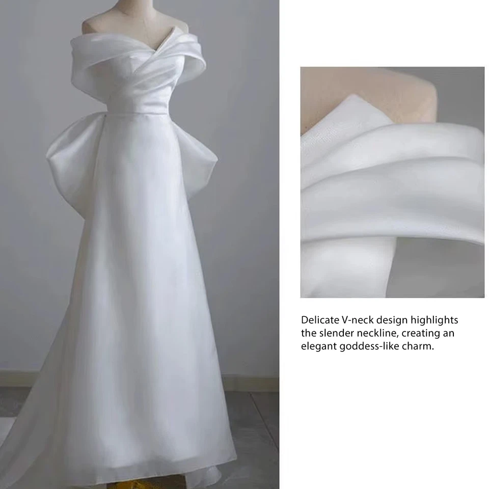 White Wedding Dress V-neck Bow Swing Bride Wedding Mermaid Dress Vintage Organza - Image 3 of 4