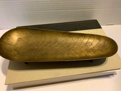 Vintage owl face brass Tray oblong in shape with feet 18 1/2 inches long