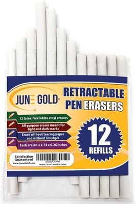 12 Pack of Retractable Pen Eraser Stick Refills - Latex-Free, White Vinyl, & Pre