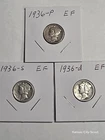 1936  10C Mercury Dimes P D & S Mint Marks. Matching Set EF Collectors Grade.